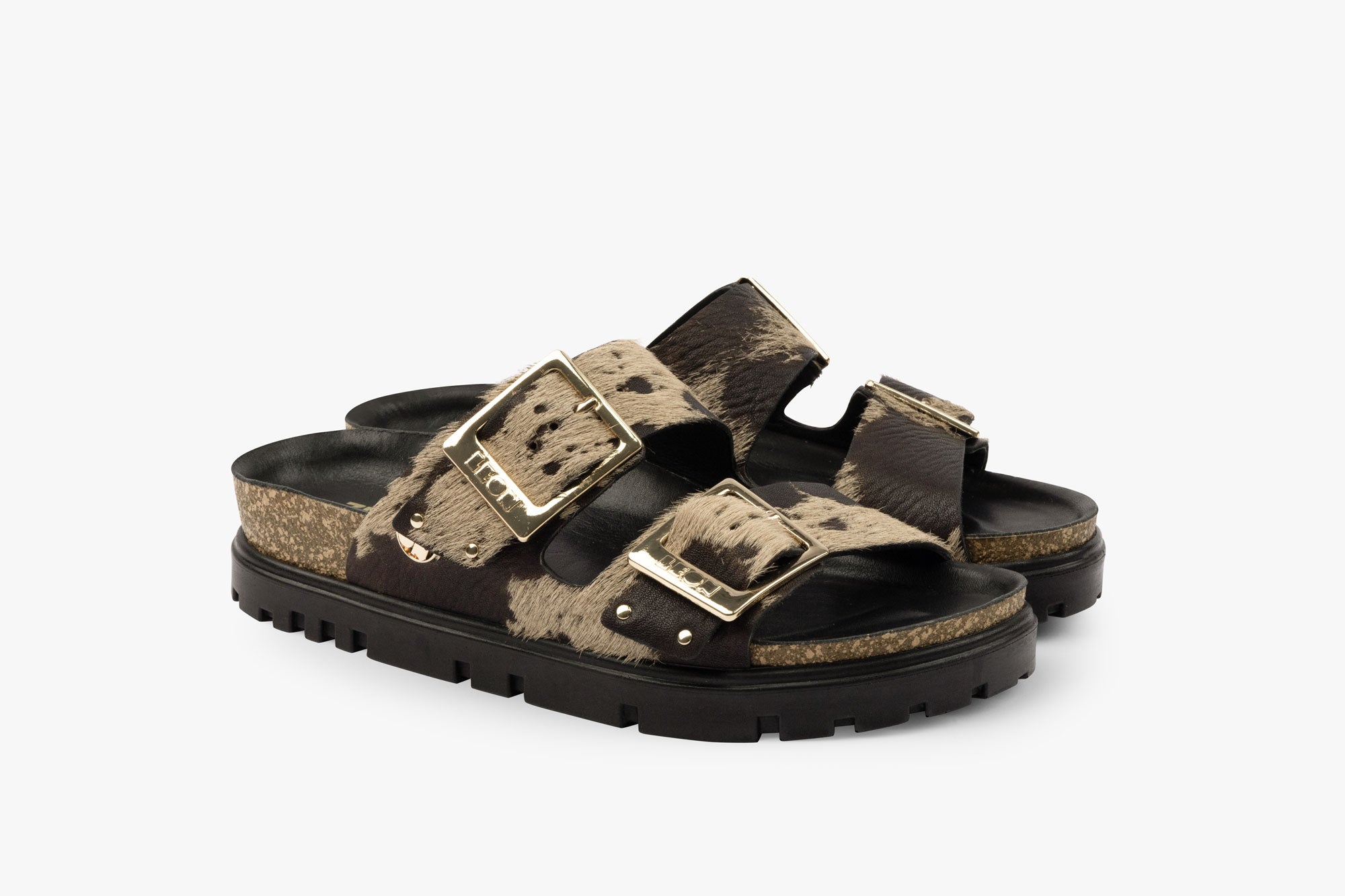 Vein damsandal i läder i päls - beige & brun