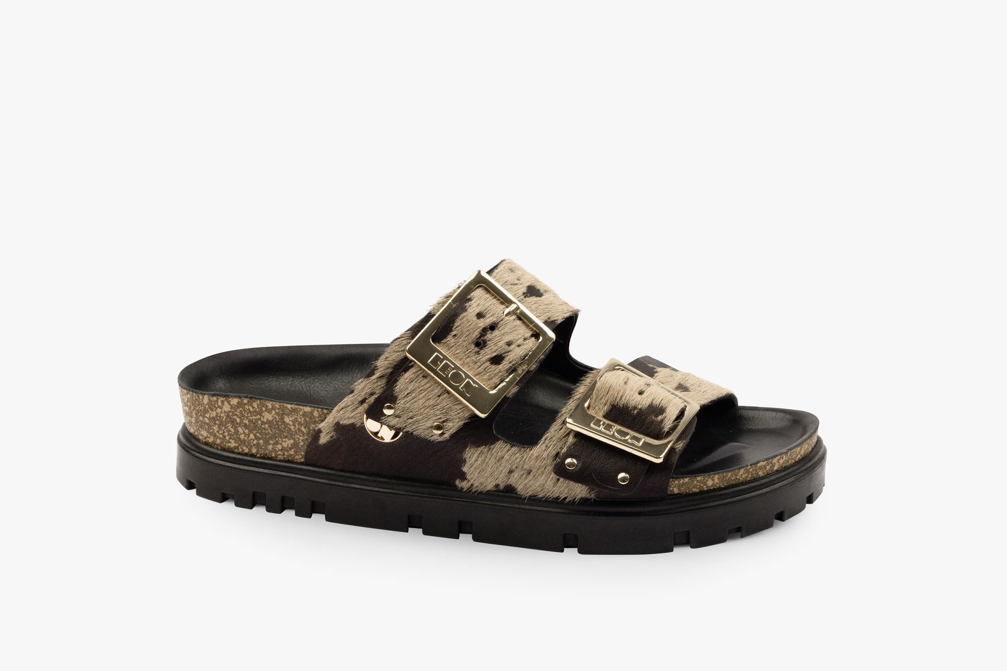 Vein damsandal i läder i päls - beige & brun