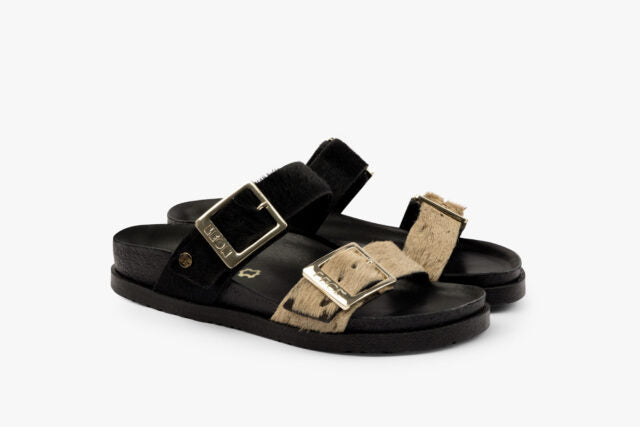 Kiva damsandal i läder i päls - beige & brun