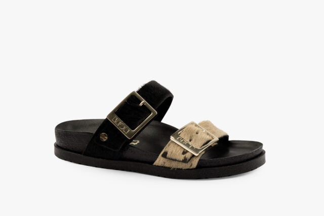 Kiva damsandal i läder i päls - beige & brun