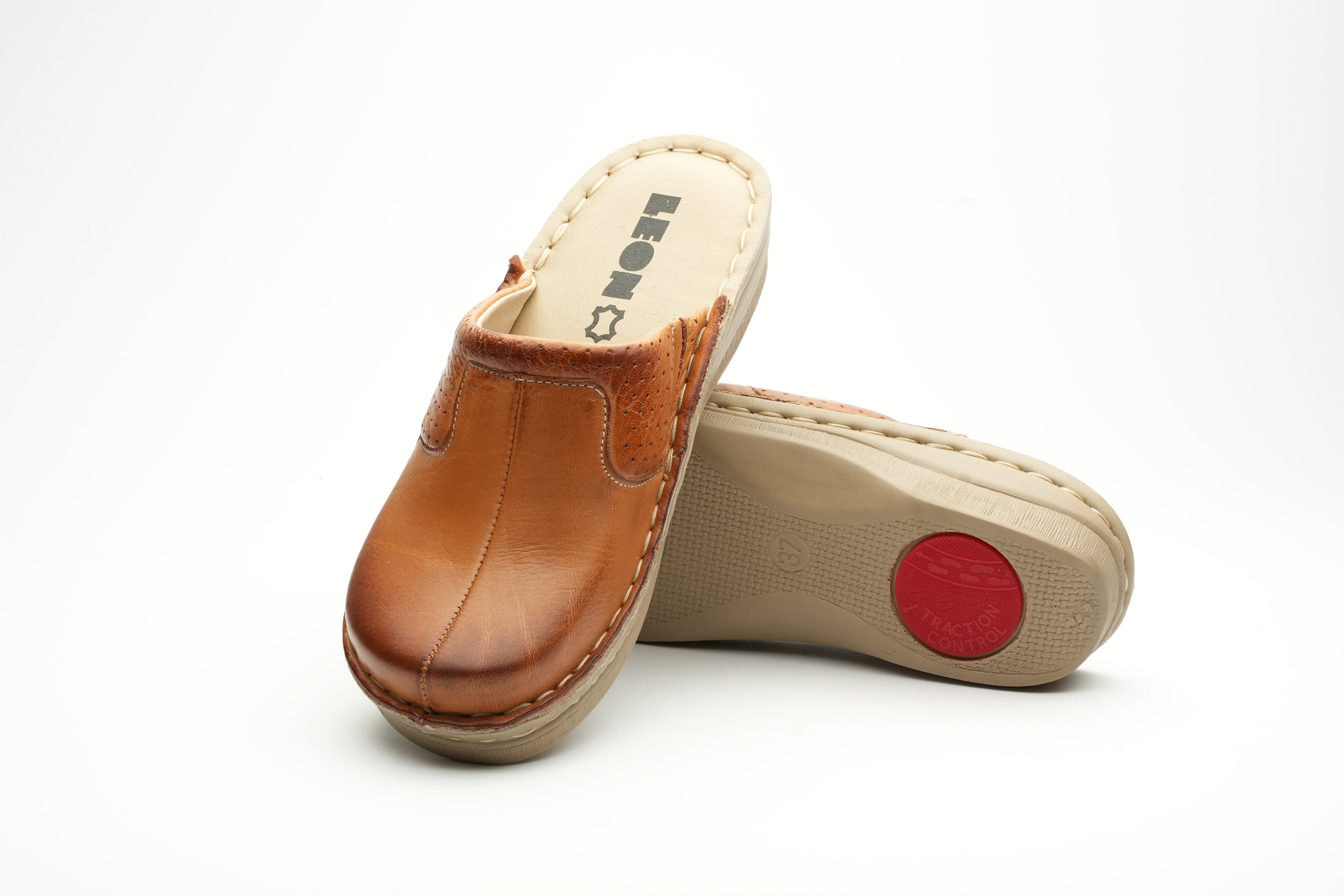 Emili - Dam Läder Clogs - Brun