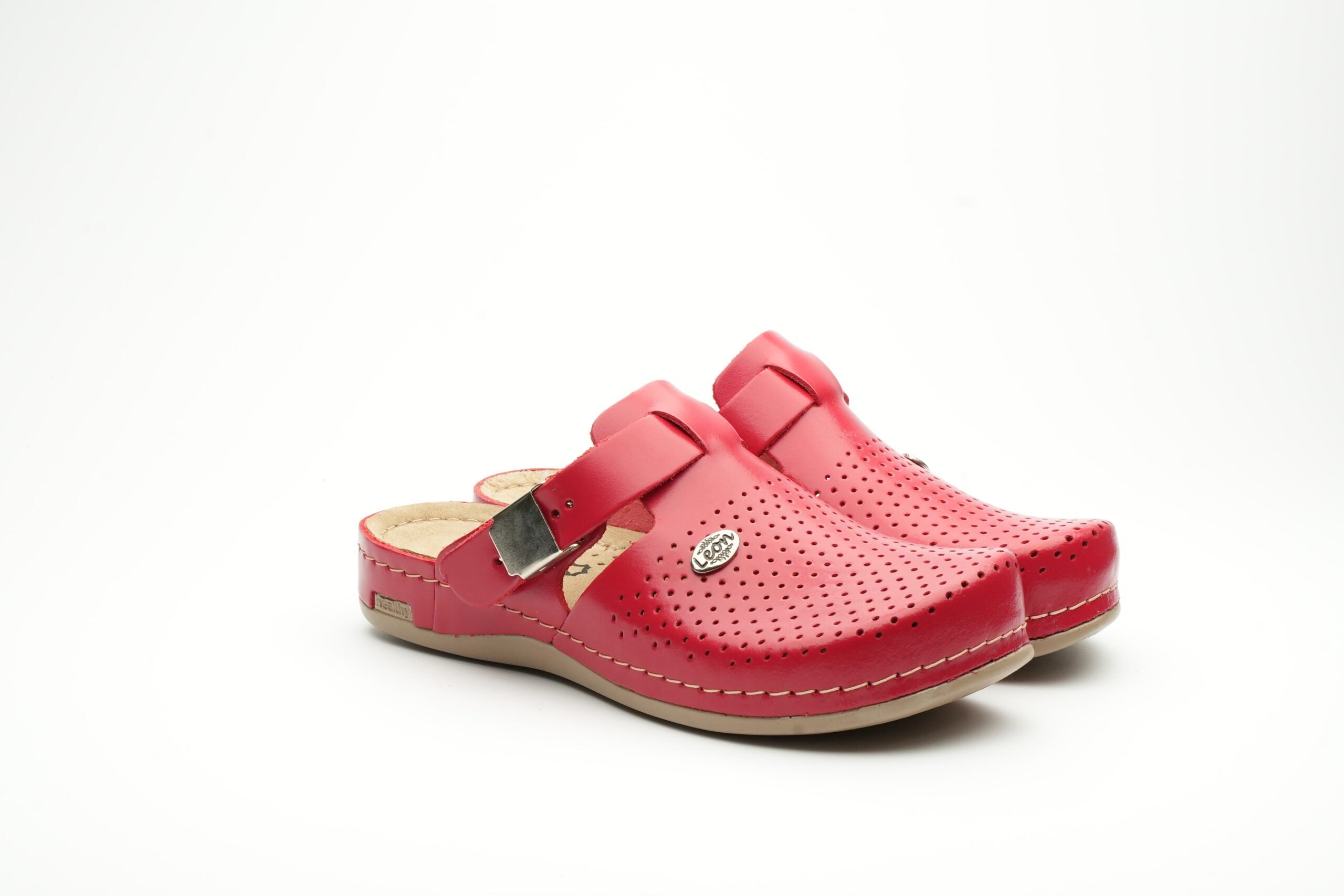 Leona - Dam Läder Clogs - Röd